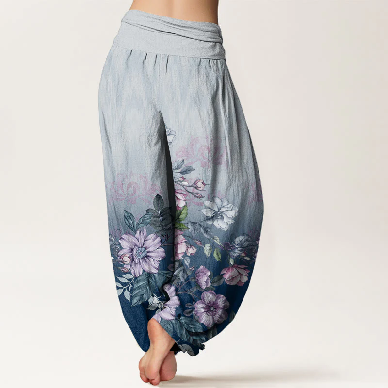 Pantaloni harem da donna con elastico in vita, motivo a petali e foglie, in cotone, casual e sfumati, con Buddha Stones - Image 7
