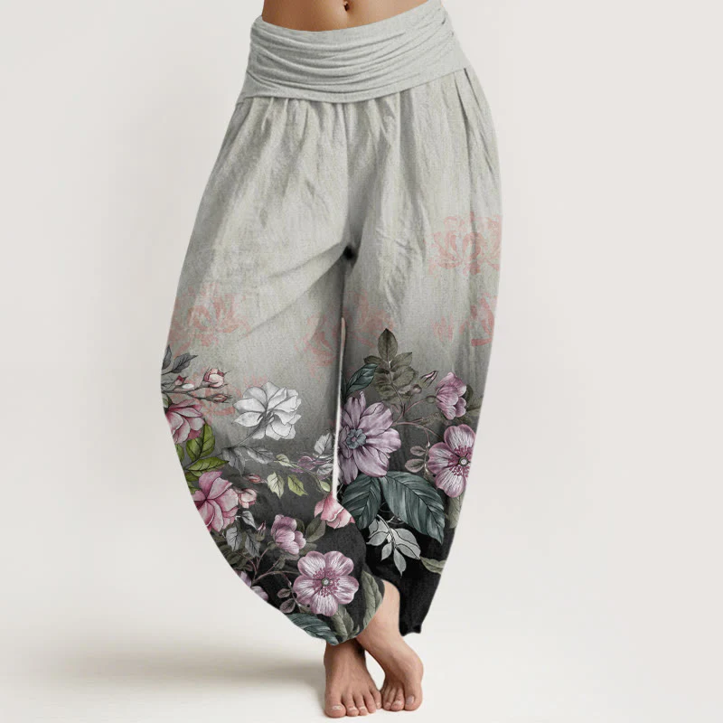 Pantaloni harem da donna con elastico in vita, motivo a petali e foglie, in cotone, casual e sfumati, con Buddha Stones - Image 8