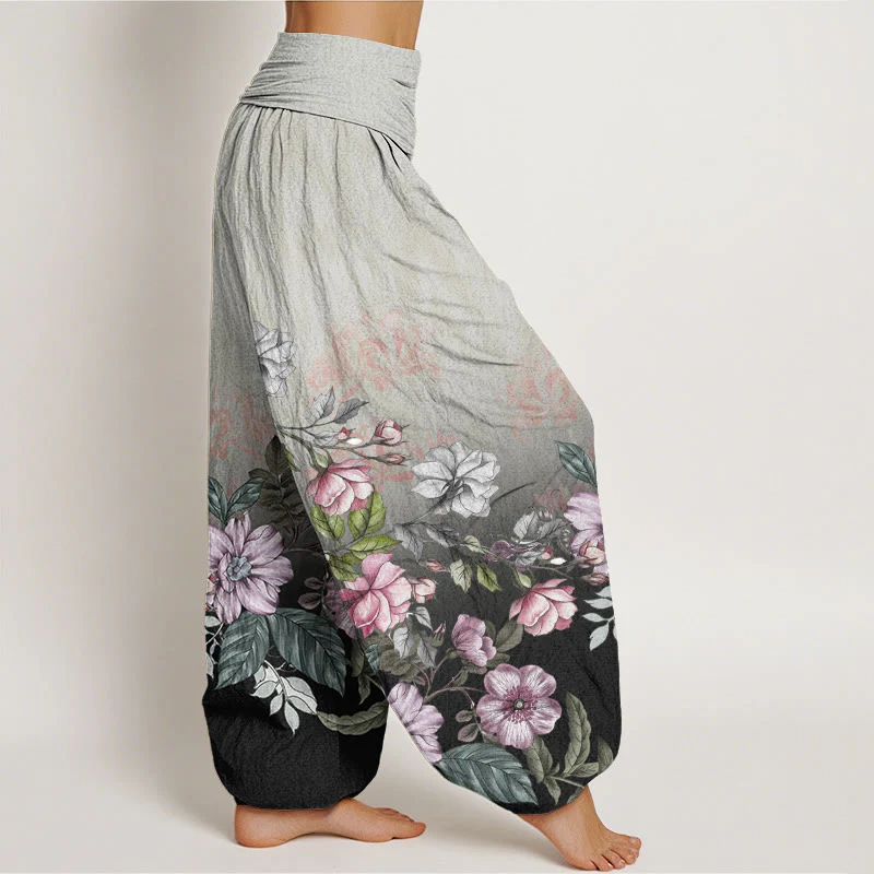 Pantaloni harem da donna con elastico in vita, motivo a petali e foglie, in cotone, casual e sfumati, con Buddha Stones - Image 9