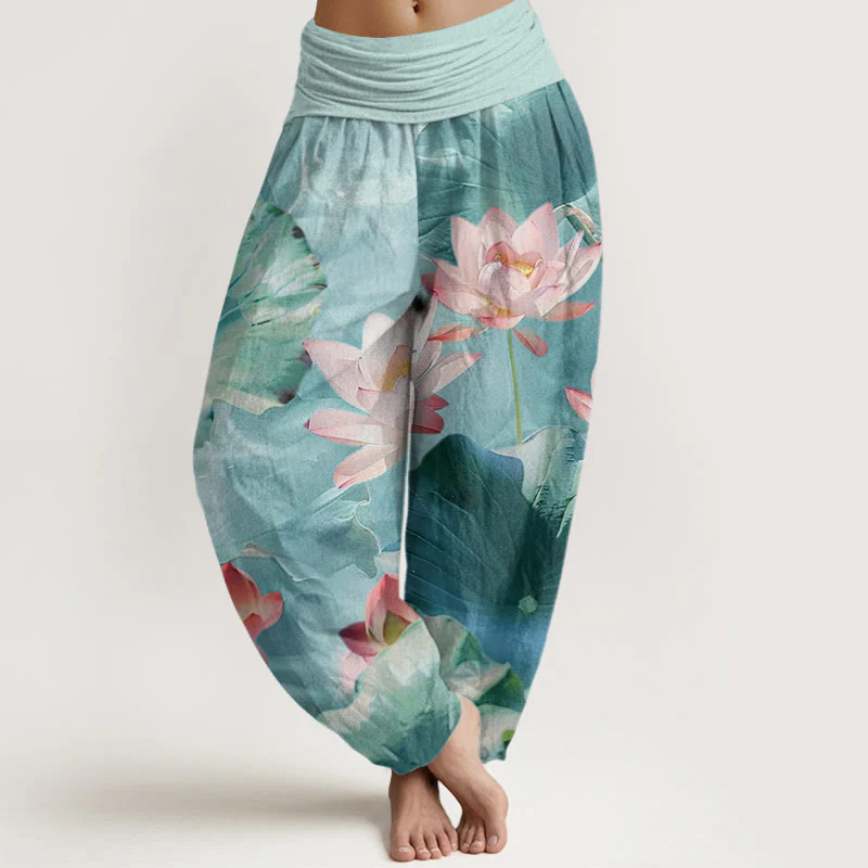 Pantaloni harem da donna con elastico in vita, in cotone, casual, motivo a petalo di loto e stagno, motivo Buddha Stones