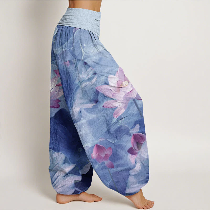 Pantaloni harem da donna con elastico in vita, in cotone, casual, motivo a petalo di loto e stagno, motivo Buddha Stones - Image 10