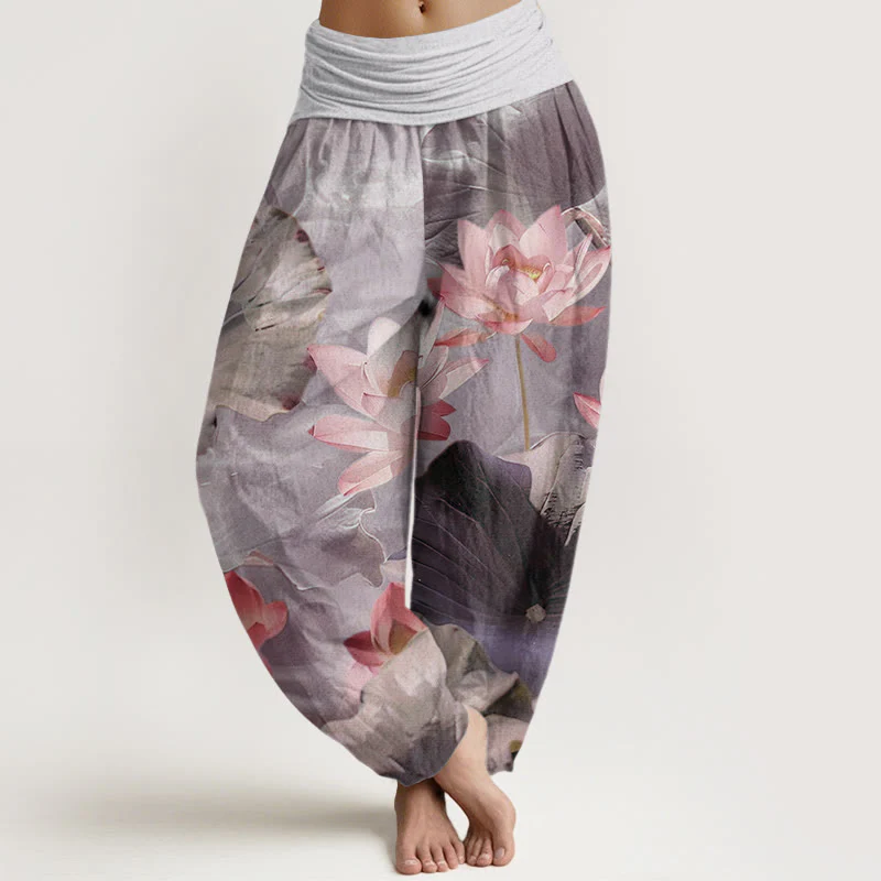 Pantaloni harem da donna con elastico in vita, in cotone, casual, motivo a petalo di loto e stagno, motivo Buddha Stones - Image 5