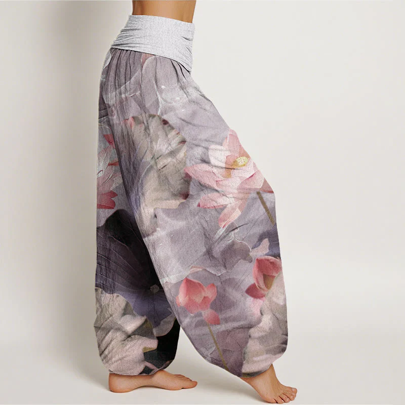 Pantaloni harem da donna con elastico in vita, in cotone, casual, motivo a petalo di loto e stagno, motivo Buddha Stones - Image 6