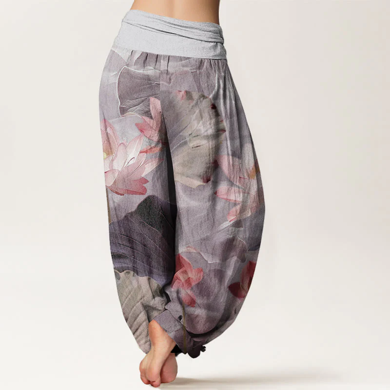 Pantaloni harem da donna con elastico in vita, in cotone, casual, motivo a petalo di loto e stagno, motivo Buddha Stones - Image 7