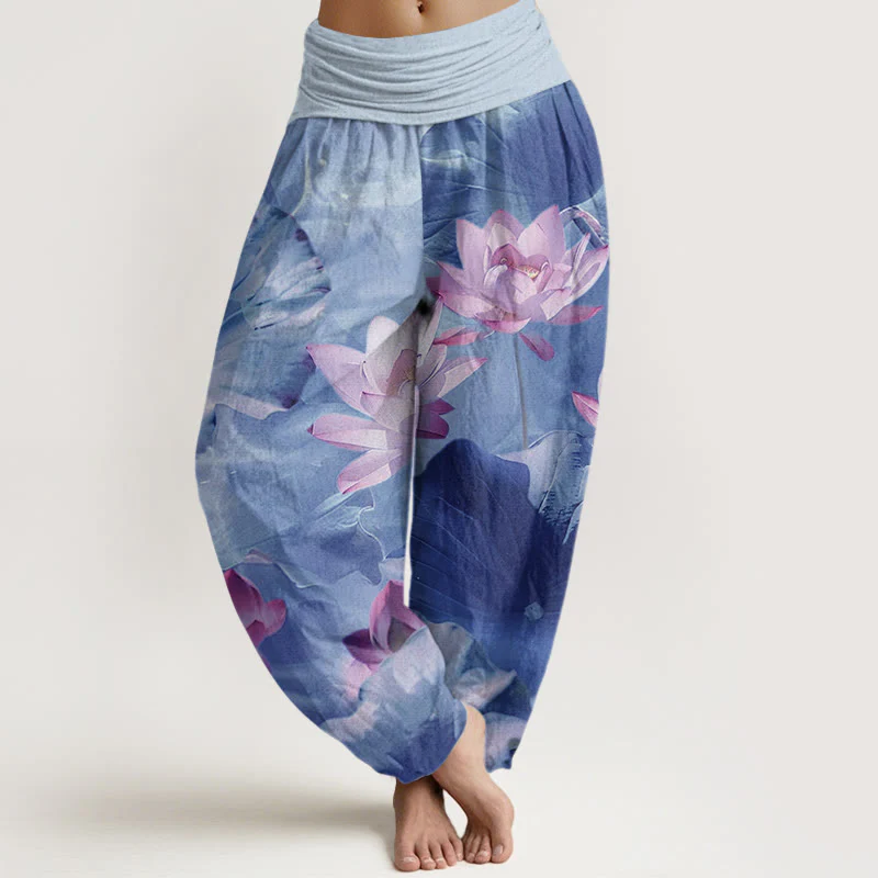 Pantaloni harem da donna con elastico in vita, in cotone, casual, motivo a petalo di loto e stagno, motivo Buddha Stones - Image 8