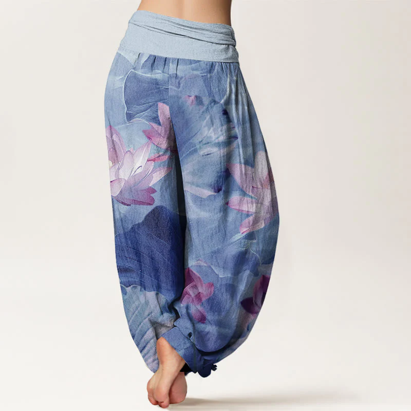 Pantaloni harem da donna con elastico in vita, in cotone, casual, motivo a petalo di loto e stagno, motivo Buddha Stones - Image 9