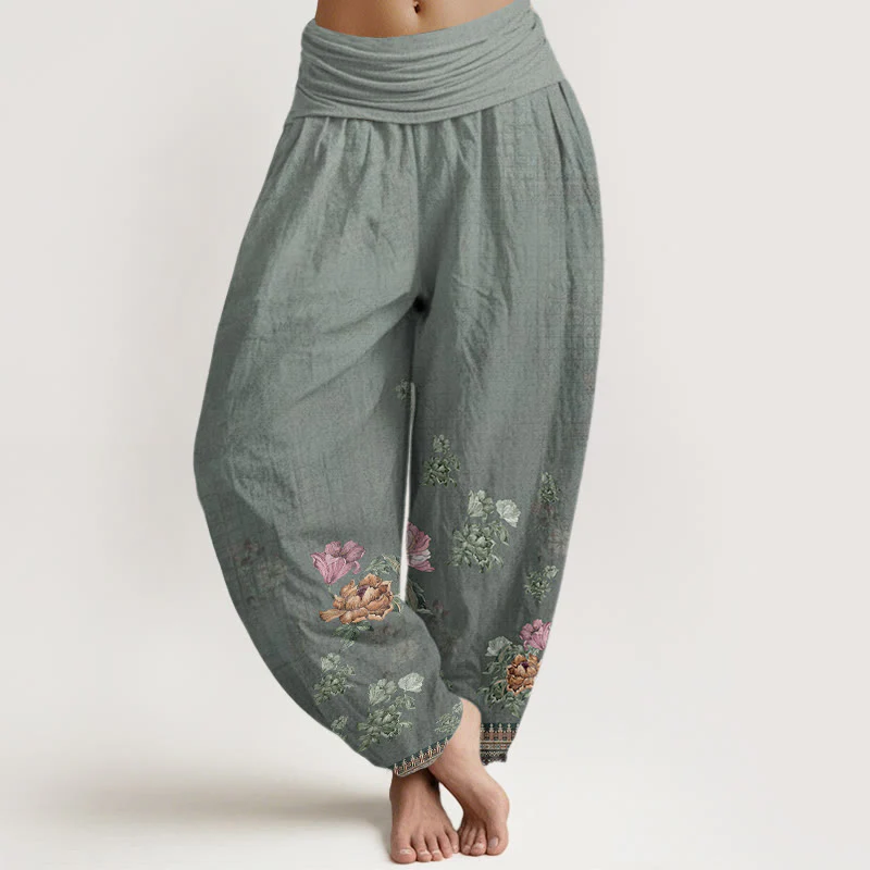 Pantaloni harem da donna con elastico in vita, modello casual in cotone con motivo a petali di peonia e pietre Buddha Stones - Image 5