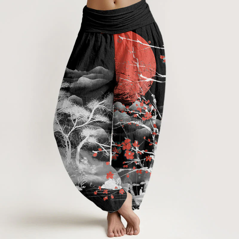 Buddha Stones harem da donna con elastico in vita, in cotone, casual, con motivo a fiori di prugna rossi e montagne, modello sole - Image 5