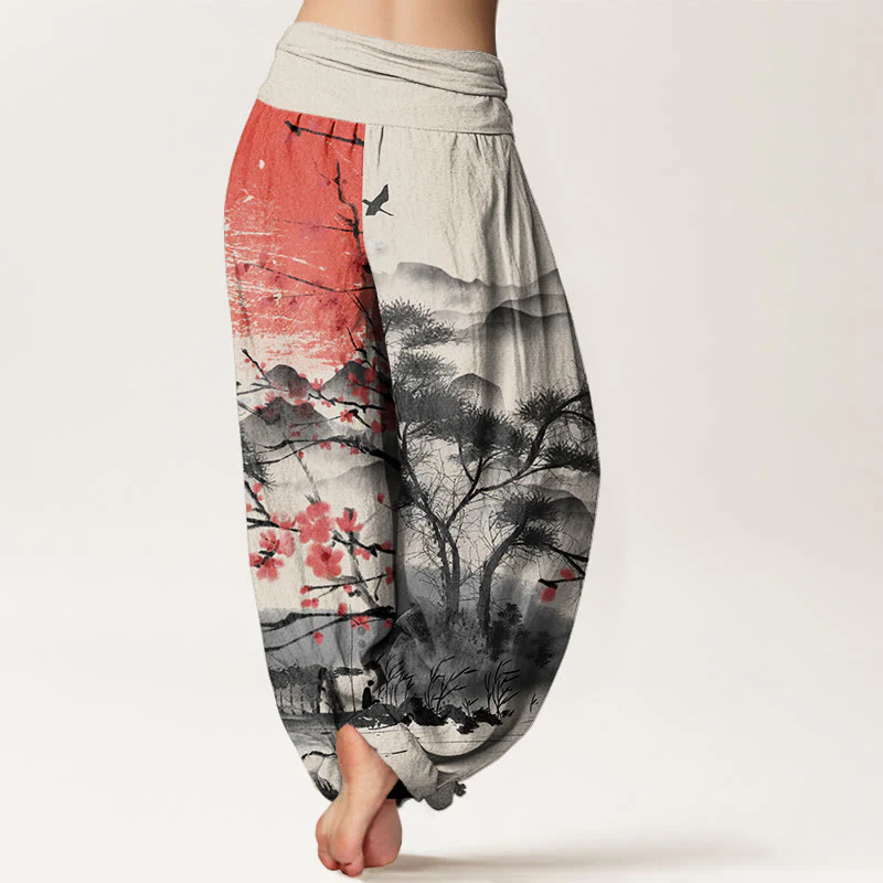 Buddha Stones harem da donna con elastico in vita, in cotone, casual, con motivo a fiori di prugna rossi e montagne, modello sole - Image 9