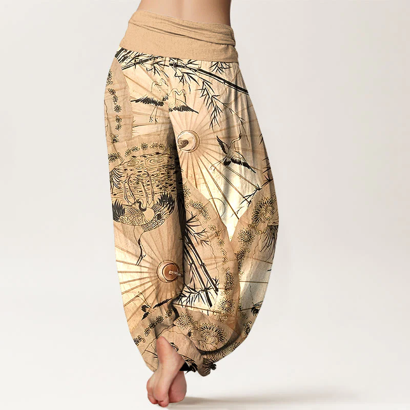 Pantaloni harem da donna con elastico in vita, modello gru e bambù, in puro cotone, motivo Buddha Stones - Image 2