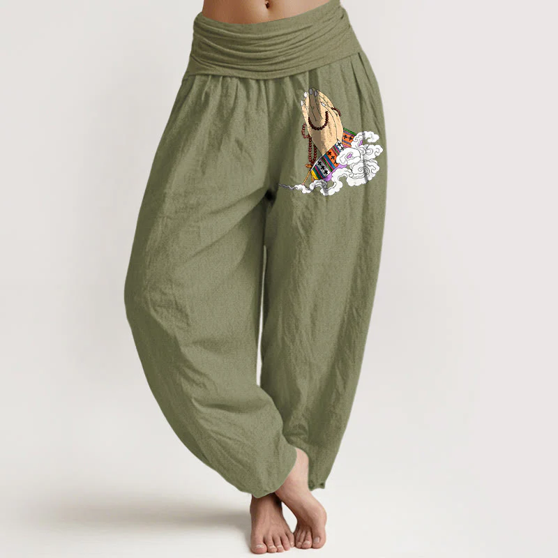 Pantaloni harem da donna con elastico in vita, modello nuvole, semplici, vivaci, con mani giunte e Buddha Stones in puro cotone - Image 15
