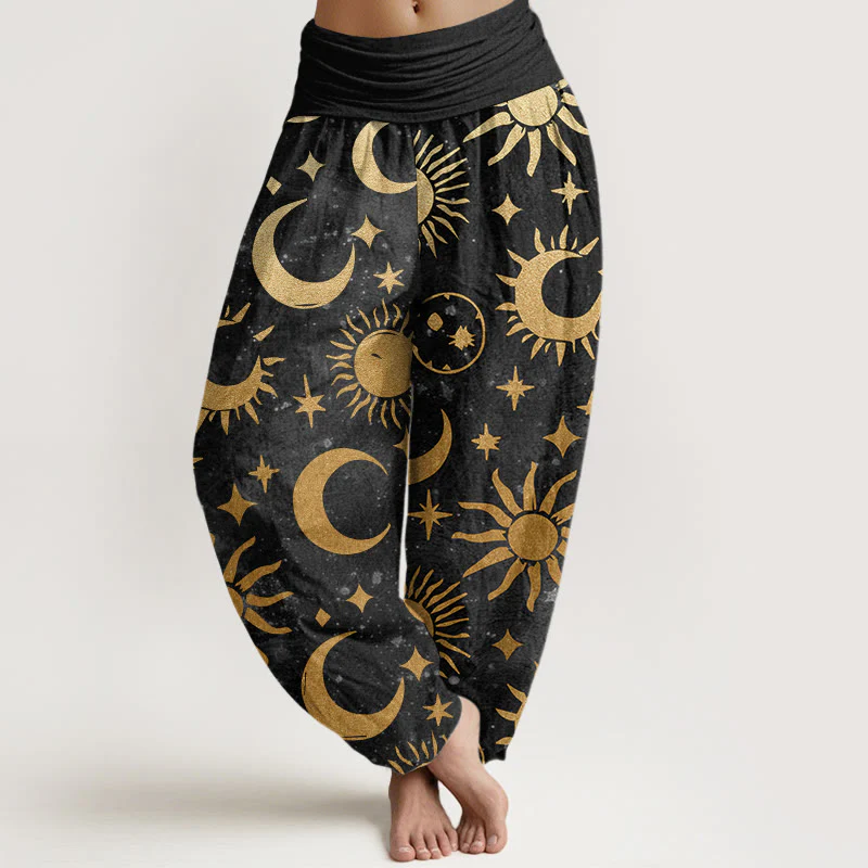 Pantaloni harem da donna con elastico in vita, in cotone, con motivo a mezzaluna, sole e stelle, motivo Buddha Stones