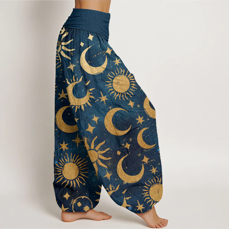 Pantaloni harem da donna con elastico in vita, in cotone, con motivo a mezzaluna, sole e stelle, motivo Buddha Stones - Image 10