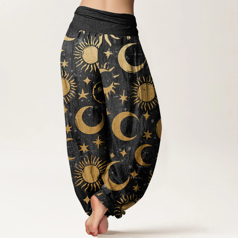 Pantaloni harem da donna con elastico in vita, in cotone, con motivo a mezzaluna, sole e stelle, motivo Buddha Stones - Image 2