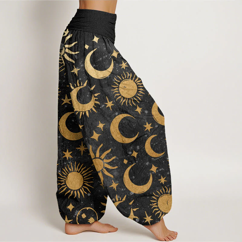 Pantaloni harem da donna con elastico in vita, in cotone, con motivo a mezzaluna, sole e stelle, motivo Buddha Stones - Image 3