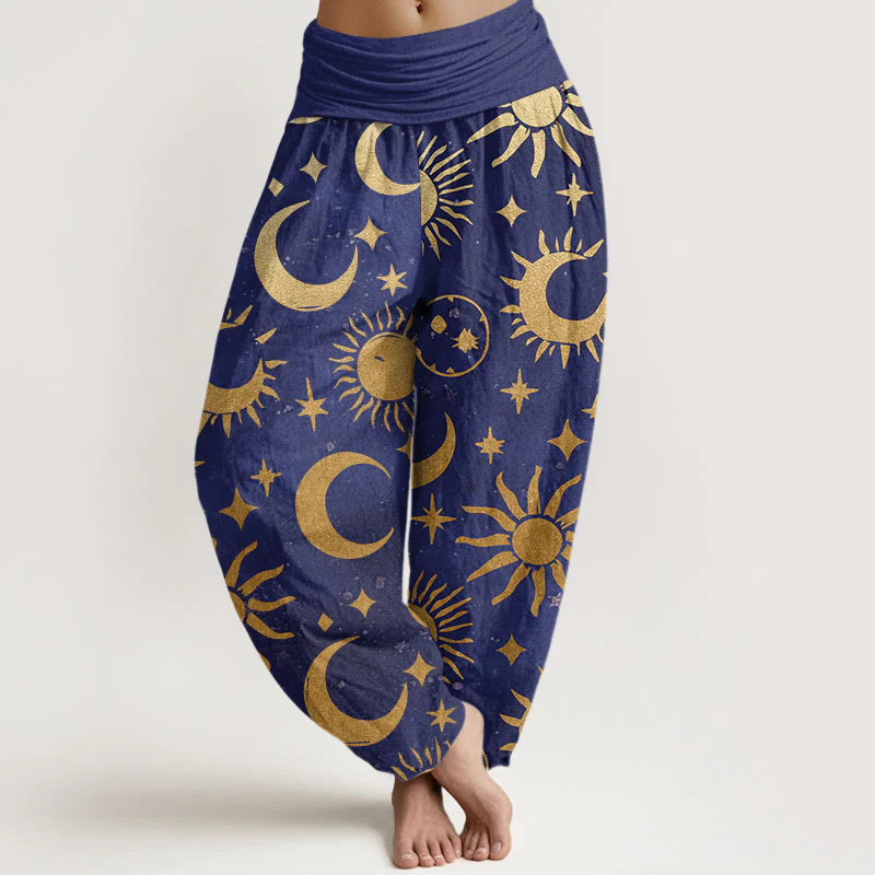 Pantaloni harem da donna con elastico in vita, in cotone, con motivo a mezzaluna, sole e stelle, motivo Buddha Stones - Image 5