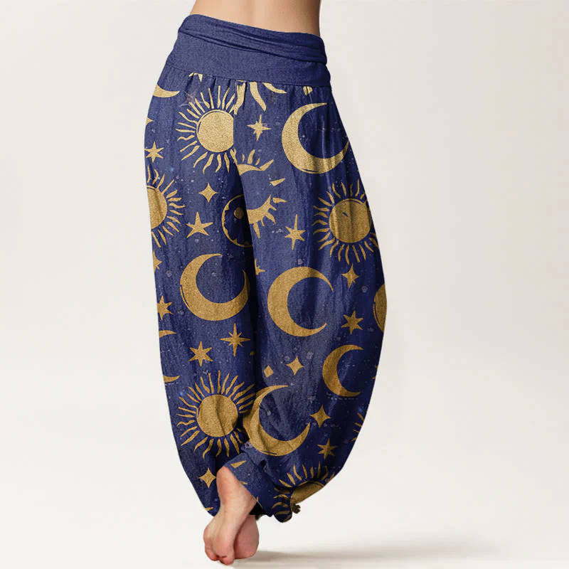 Pantaloni harem da donna con elastico in vita, in cotone, con motivo a mezzaluna, sole e stelle, motivo Buddha Stones - Image 6