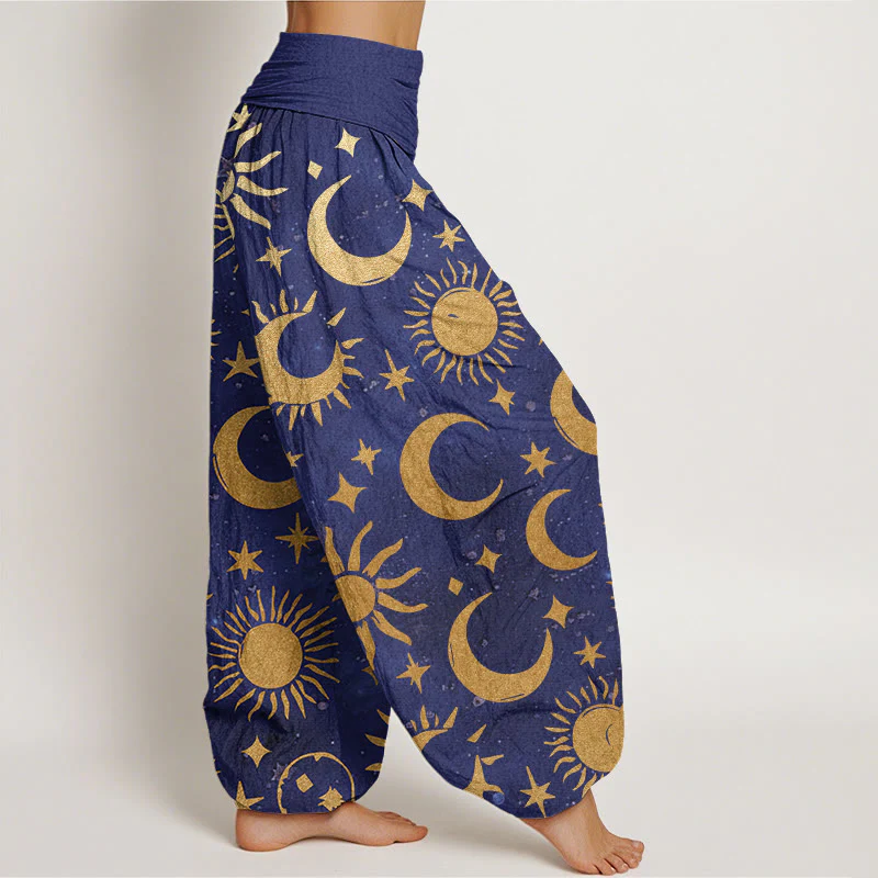 Pantaloni harem da donna con elastico in vita, in cotone, con motivo a mezzaluna, sole e stelle, motivo Buddha Stones - Image 7