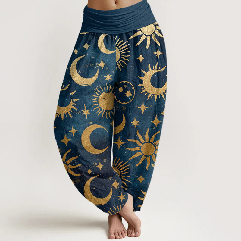 Pantaloni harem da donna con elastico in vita, in cotone, con motivo a mezzaluna, sole e stelle, motivo Buddha Stones - Image 8