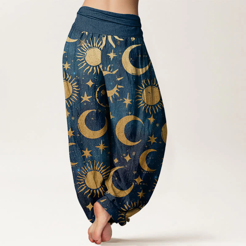Pantaloni harem da donna con elastico in vita, in cotone, con motivo a mezzaluna, sole e stelle, motivo Buddha Stones - Image 9