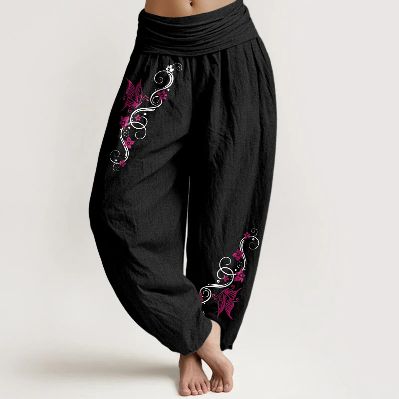 Pantaloni harem da donna con elastico in vita, motivo a farfalla e fiore, in puro cotone, dai colori tenui , Buddha Stones