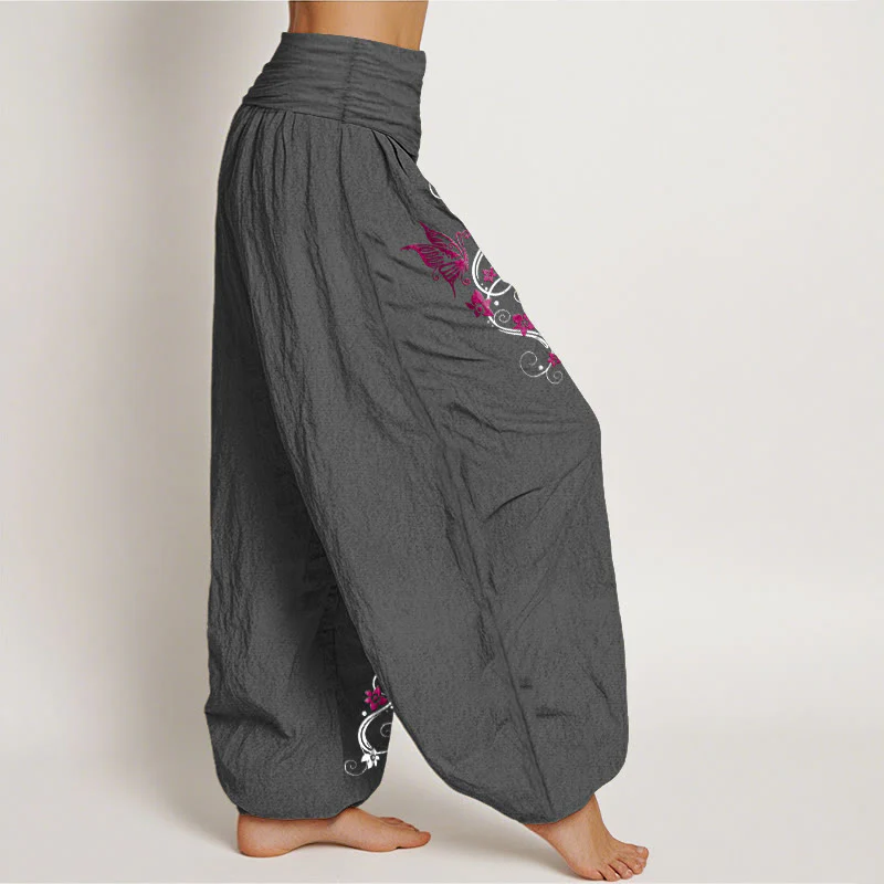 Pantaloni harem da donna con elastico in vita, motivo a farfalla e fiore, in puro cotone, dai colori tenui , Buddha Stones - Image 11