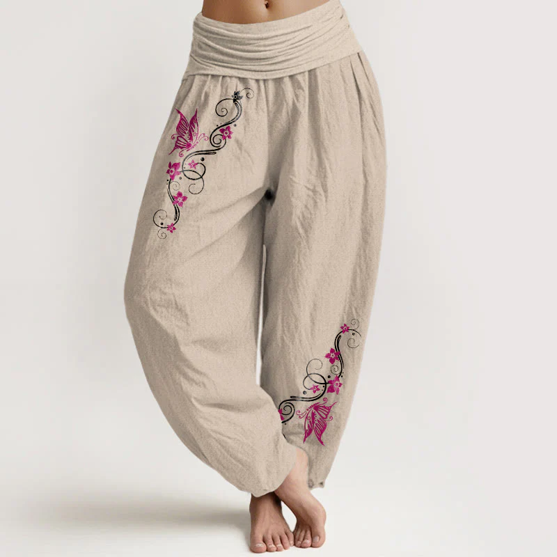 Pantaloni harem da donna con elastico in vita, motivo a farfalla e fiore, in puro cotone, dai colori tenui , Buddha Stones - Image 12