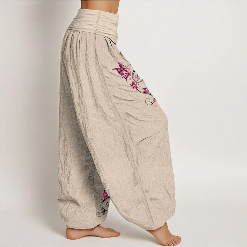 Pantaloni harem da donna con elastico in vita, motivo a farfalla e fiore, in puro cotone, dai colori tenui , Buddha Stones - Image 14