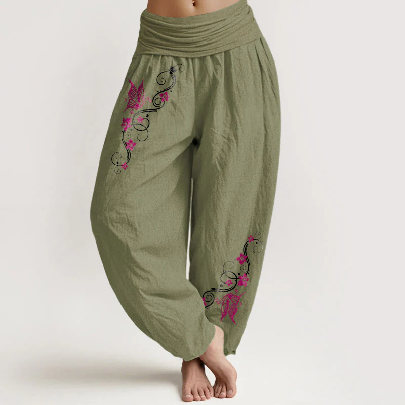 Pantaloni harem da donna con elastico in vita, motivo a farfalla e fiore, in puro cotone, dai colori tenui , Buddha Stones - Image 15