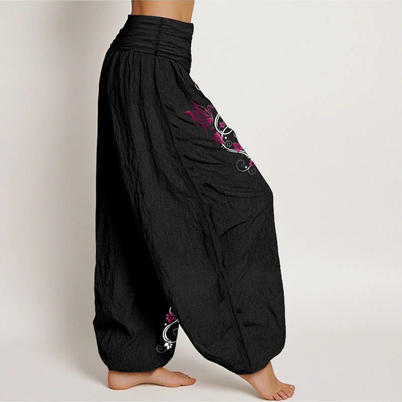 Pantaloni harem da donna con elastico in vita, motivo a farfalla e fiore, in puro cotone, dai colori tenui , Buddha Stones - Image 3