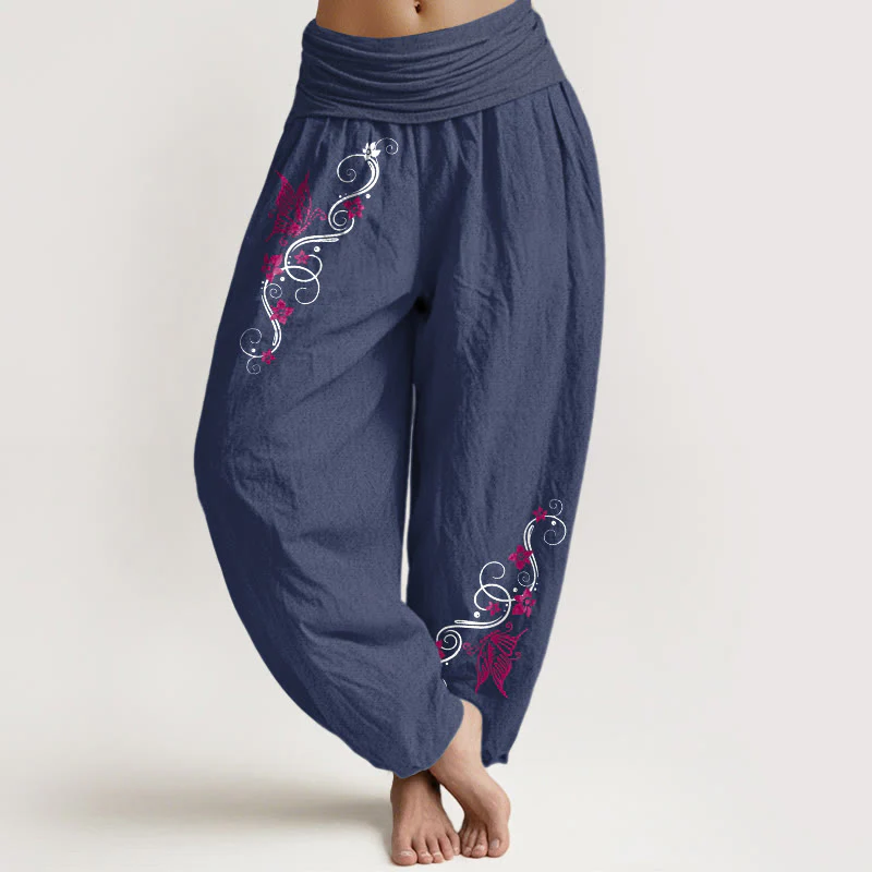 Pantaloni harem da donna con elastico in vita, motivo a farfalla e fiore, in puro cotone, dai colori tenui , Buddha Stones - Image 6