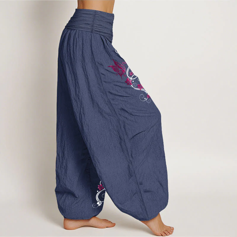 Pantaloni harem da donna con elastico in vita, motivo a farfalla e fiore, in puro cotone, dai colori tenui , Buddha Stones - Image 8
