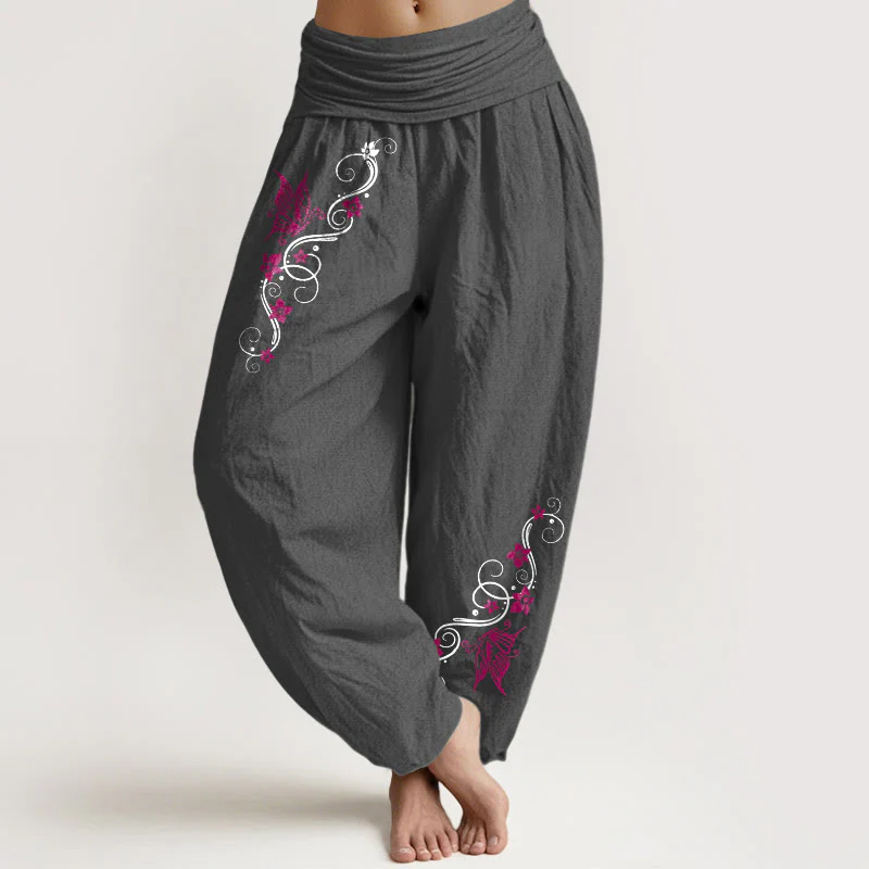 Pantaloni harem da donna con elastico in vita, motivo a farfalla e fiore, in puro cotone, dai colori tenui , Buddha Stones - Image 9