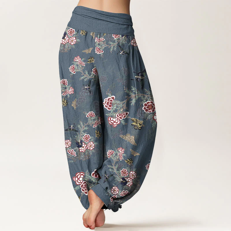Pantaloni harem da donna con elastico in vita, motivo a farfalla, fiori e foglie in cotone Buddha Stones - Image 10