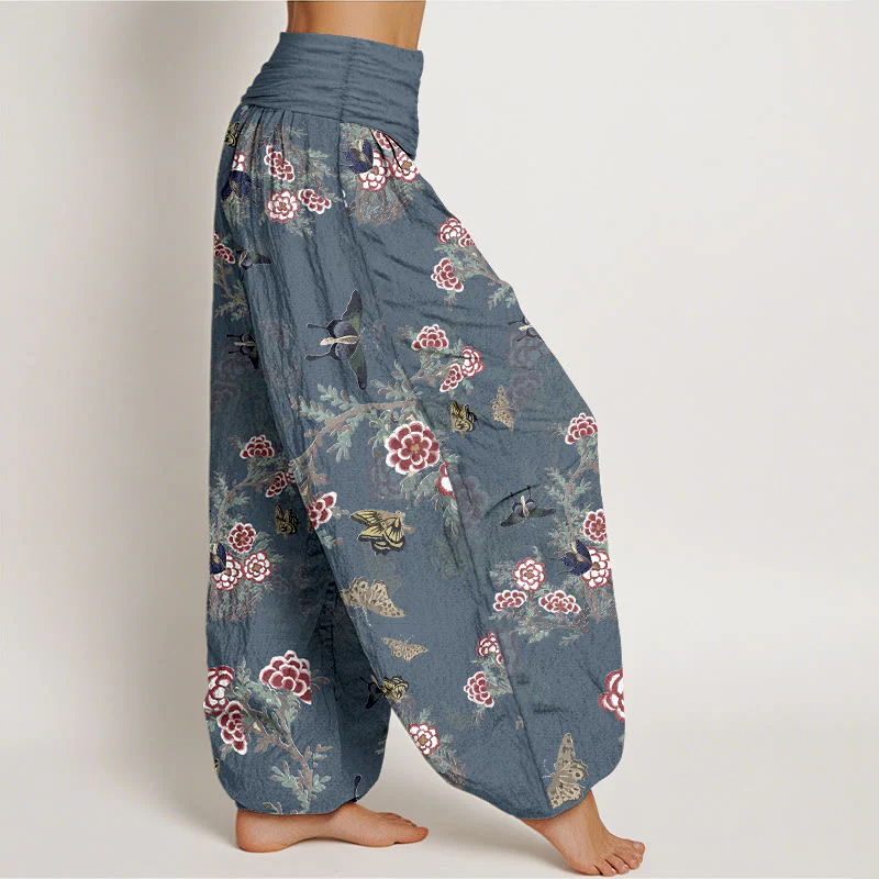 Pantaloni harem da donna con elastico in vita, motivo a farfalla, fiori e foglie in cotone Buddha Stones - Image 11