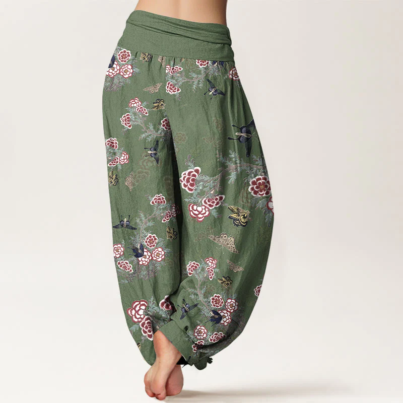 Pantaloni harem da donna con elastico in vita, motivo a farfalla, fiori e foglie in cotone Buddha Stones - Image 7