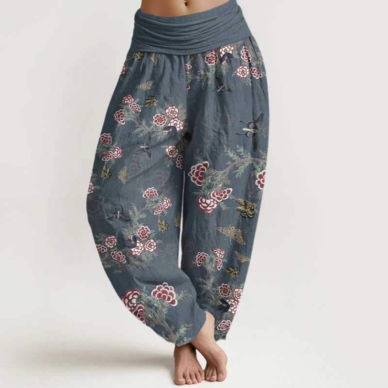 Pantaloni harem da donna con elastico in vita, motivo a farfalla, fiori e foglie in cotone Buddha Stones - Image 9