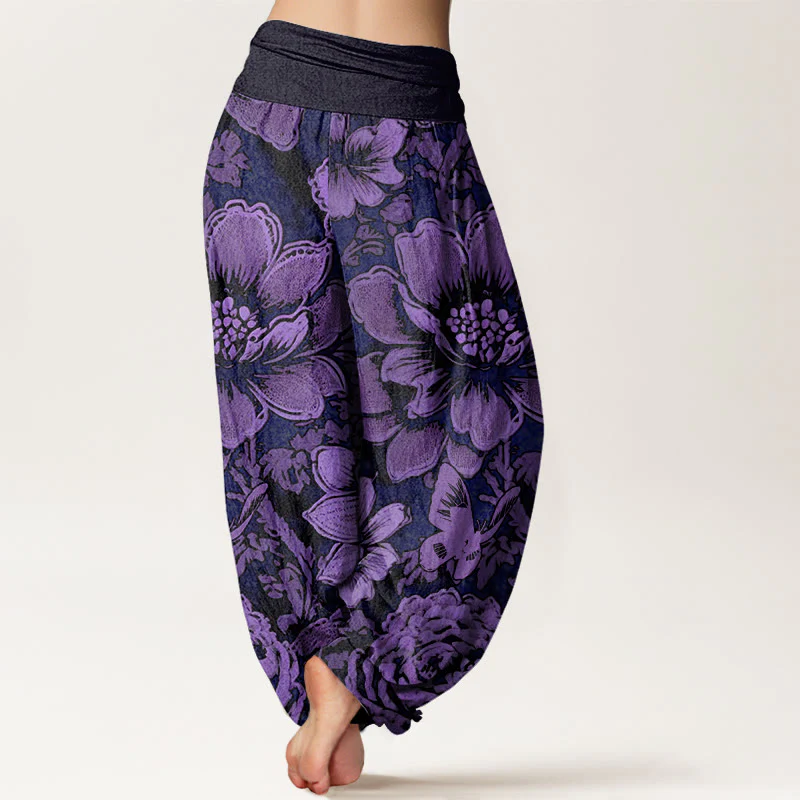 Pantaloni harem da donna con elastico in vita, in cotone, con motivo a farfalla e fiori di peonia, motivo Buddha Stones - Image 2
