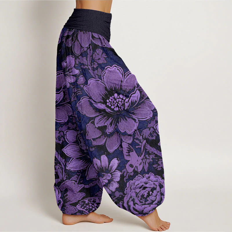 Pantaloni harem da donna con elastico in vita, in cotone, con motivo a farfalla e fiori di peonia, motivo Buddha Stones - Image 3