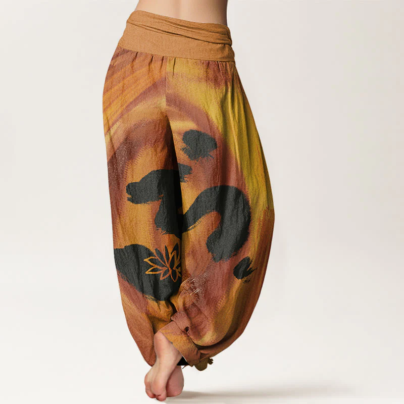 Pantaloni harem da donna con elastico in vita, in Buddha Stones , con simbolo OM e motivo a fiori di loto - Image 6