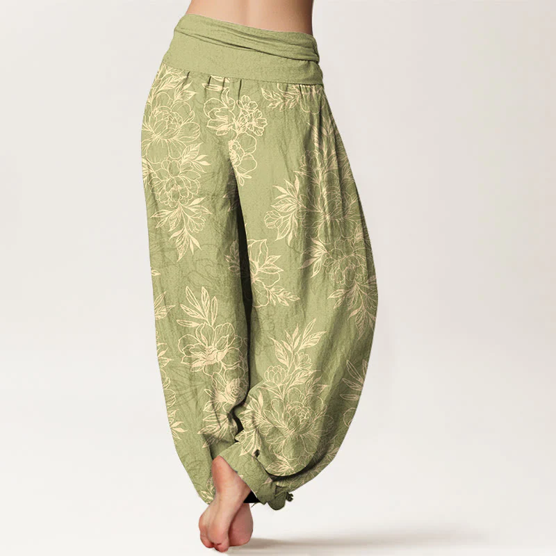 Pantaloni harem da donna con elastico in vita, motivo a fiori e foglie in cotone Buddha Stones - Image 13