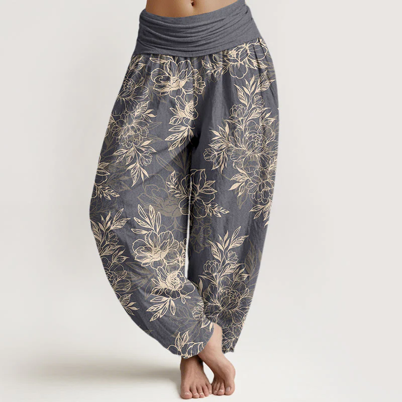 Pantaloni harem da donna con elastico in vita, motivo a fiori e foglie in cotone Buddha Stones - Image 15
