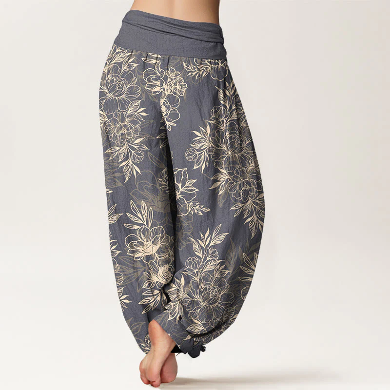 Pantaloni harem da donna con elastico in vita, motivo a fiori e foglie in cotone Buddha Stones - Image 16