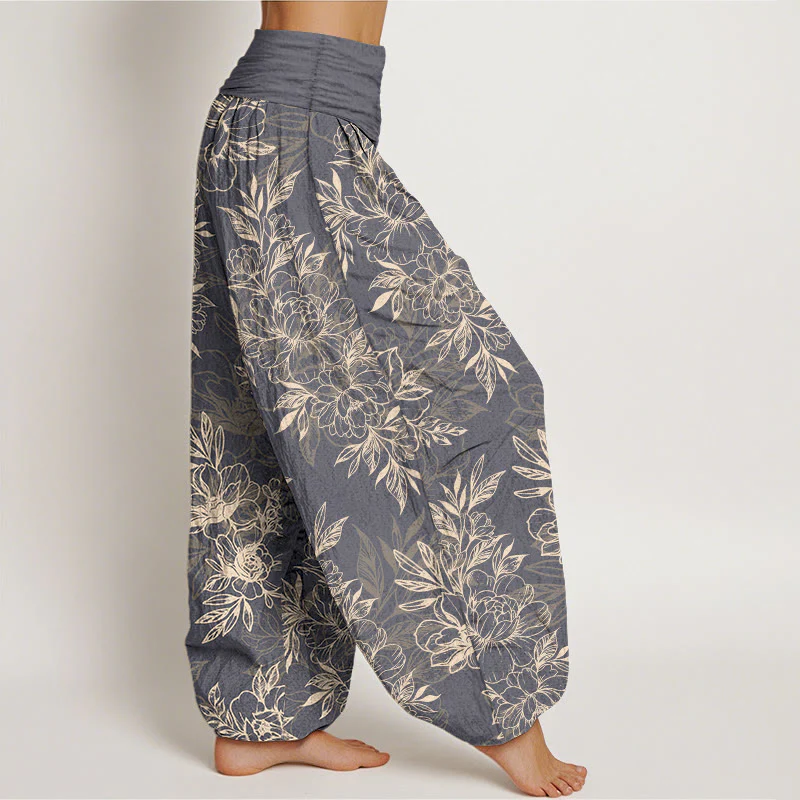 Pantaloni harem da donna con elastico in vita, motivo a fiori e foglie in cotone Buddha Stones - Image 17