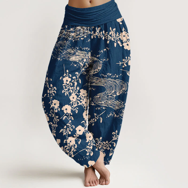 Pantaloni harem da donna con elastico in vita, motivo a fiori semplici in puro cotone Buddha Stones