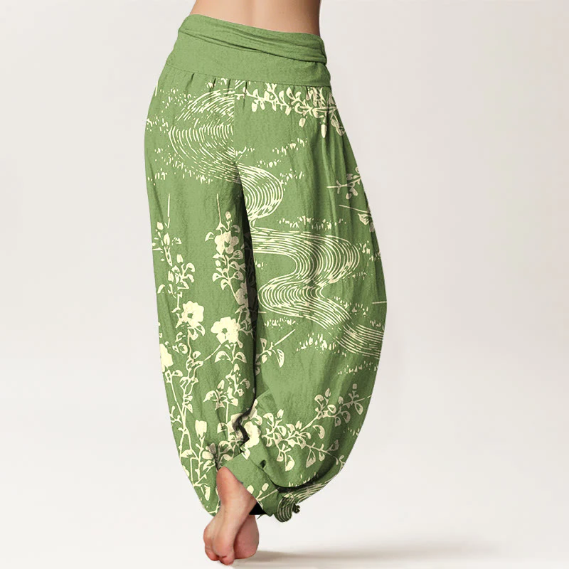 Pantaloni harem da donna con elastico in vita, motivo a fiori semplici in puro cotone Buddha Stones - Image 10