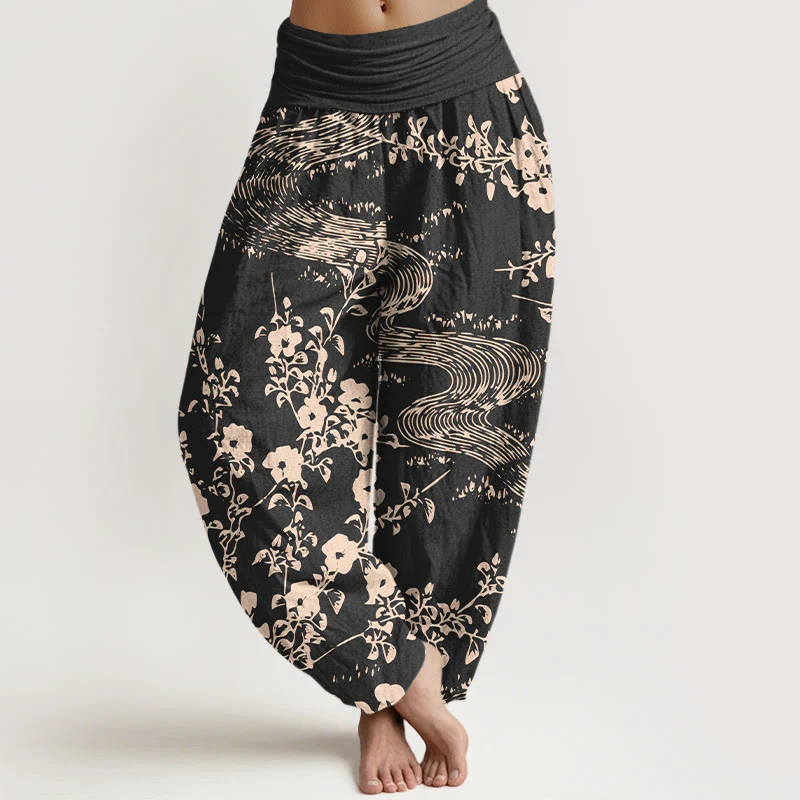 Pantaloni harem da donna con elastico in vita, motivo a fiori semplici in puro cotone Buddha Stones - Image 6