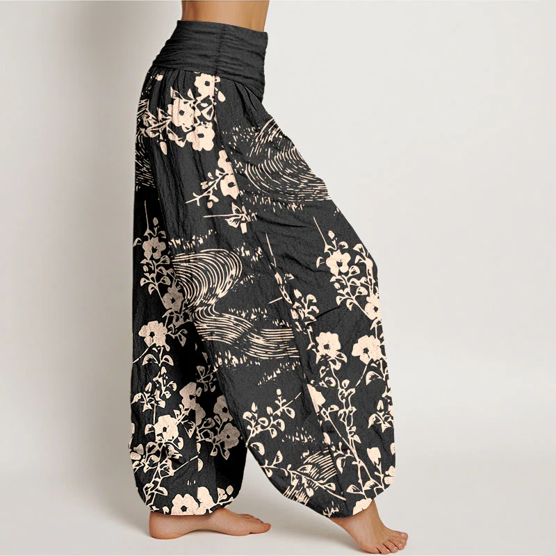 Pantaloni harem da donna con elastico in vita, motivo a fiori semplici in puro cotone Buddha Stones - Image 8