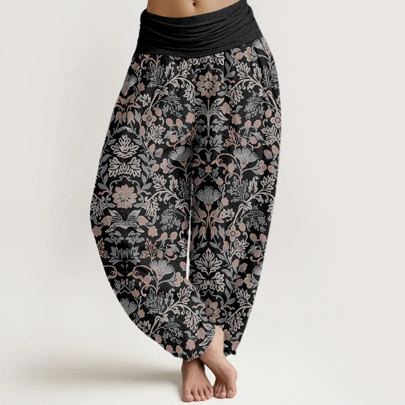 Pantaloni harem da donna con elastico in vita, motivo a foglie di vite e fiori in puro cotone, motivo Buddha Stones