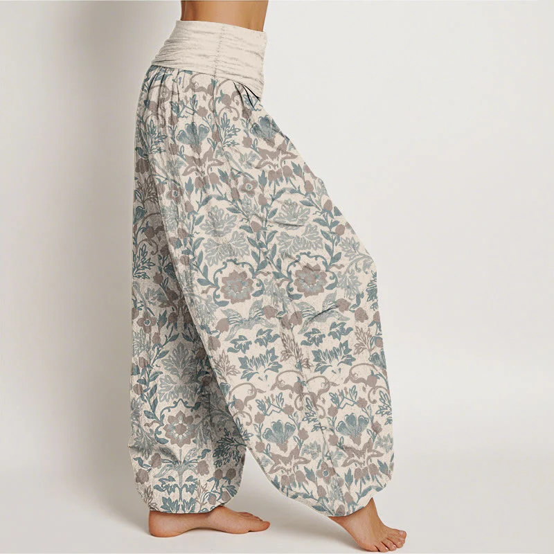 Pantaloni harem da donna con elastico in vita, motivo a foglie di vite e fiori in puro cotone, motivo Buddha Stones - Image 14